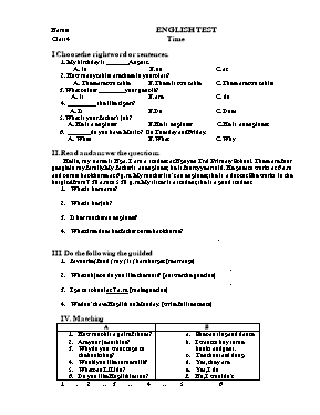 Đề thi học sinh giỏi môn Tiếng Anh Khối 4